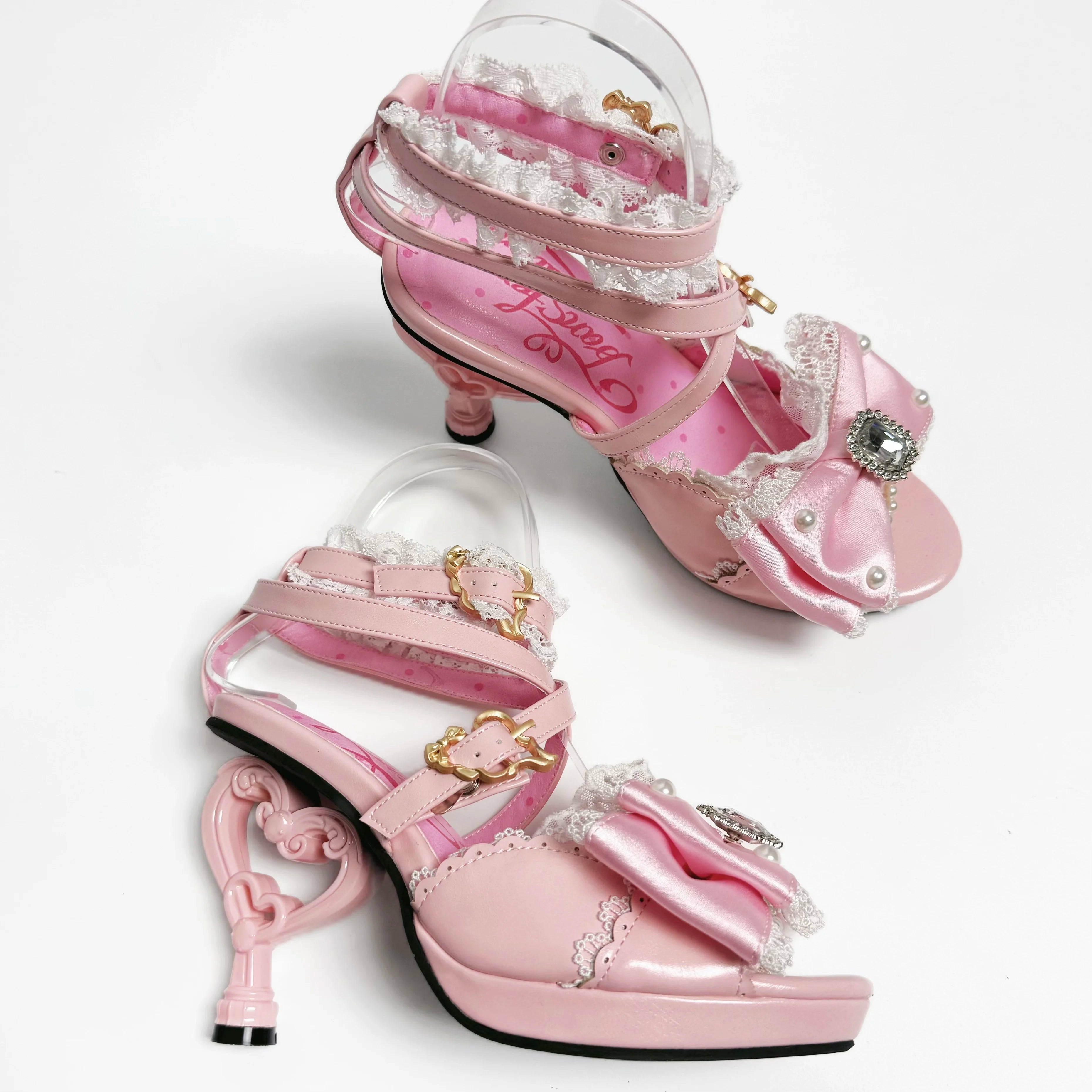 Sweet Cute Fashion Round Head Princess Lolita Shoes Women Summer New Kawaii Bow Lace Stitching Pink High Heels Girl Sandals