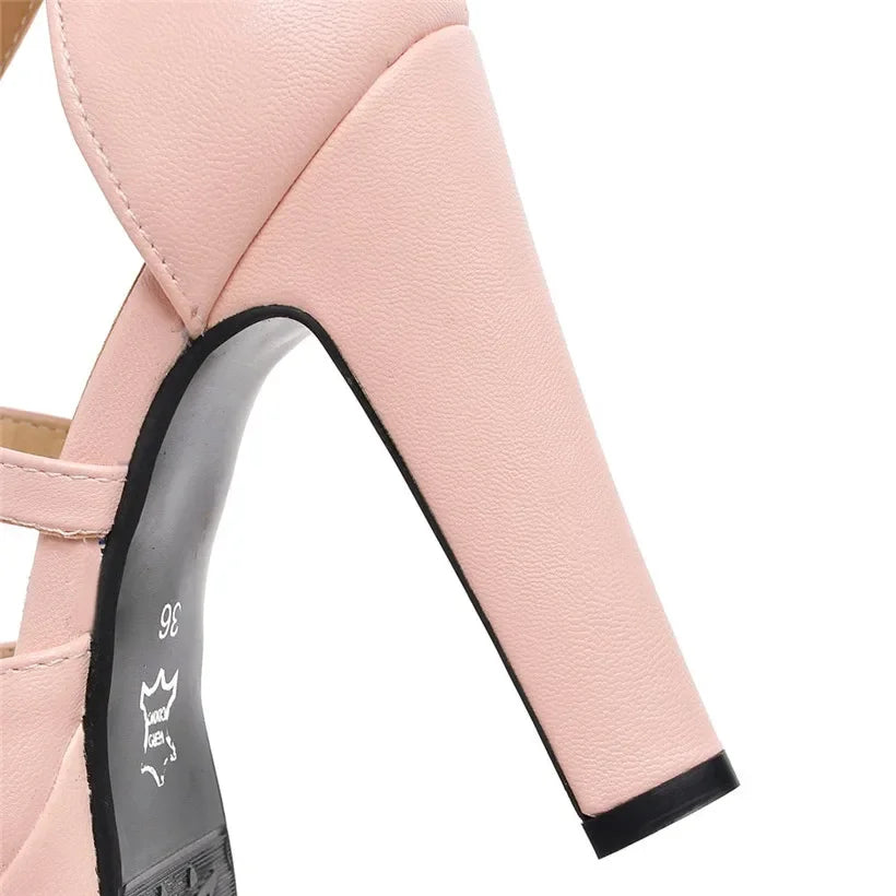 Plus Size Bowtie Women Platform Sandals High Chunky Heel Black Pink Casual Party Office Bridal Sexy Lady Ankle Cross Strap Shoes