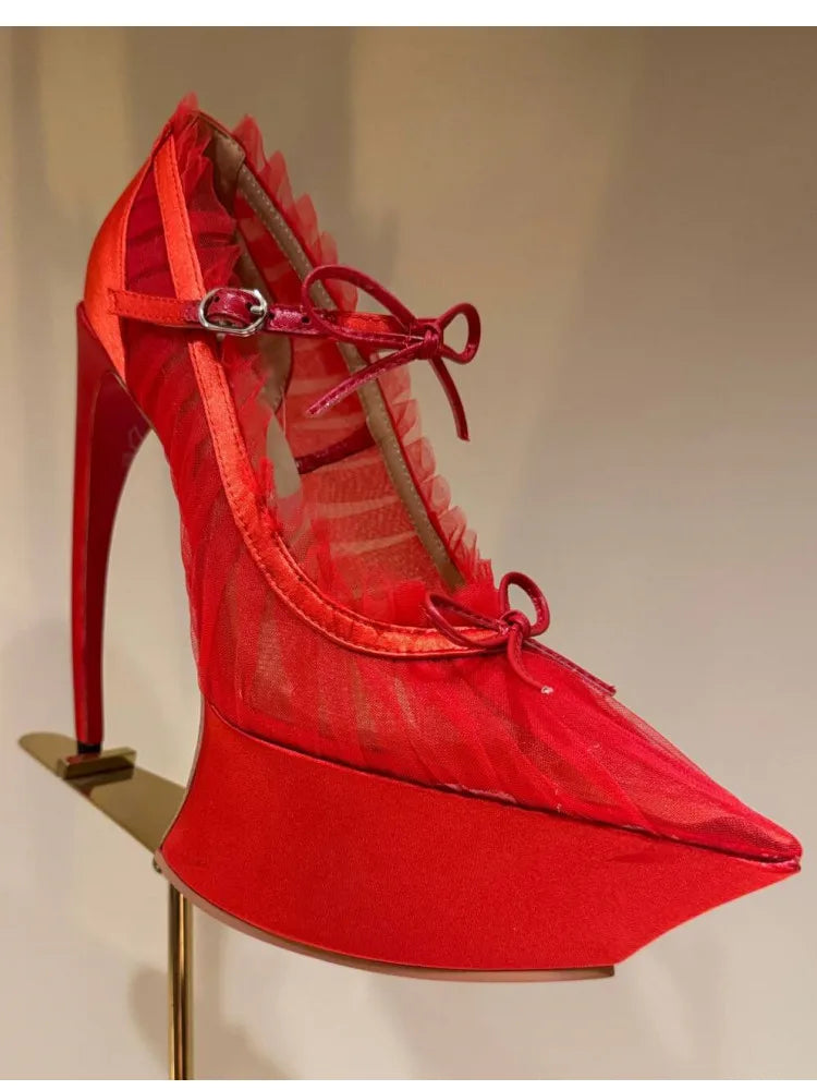 Spring/Summer New Pointed Stiletto High Heels Thick Bottom Ballet Sandals Bow Fashion Show Wedding Party Women's High Heels