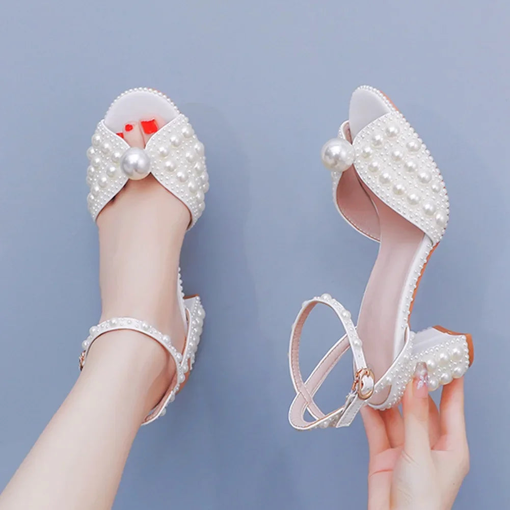 Peep Toe Pearl Women Sandals Square Heel Slingback White Spring Buckle Strap Wedding Fashion Sexy  Women Shoes 2024 New Arrivals