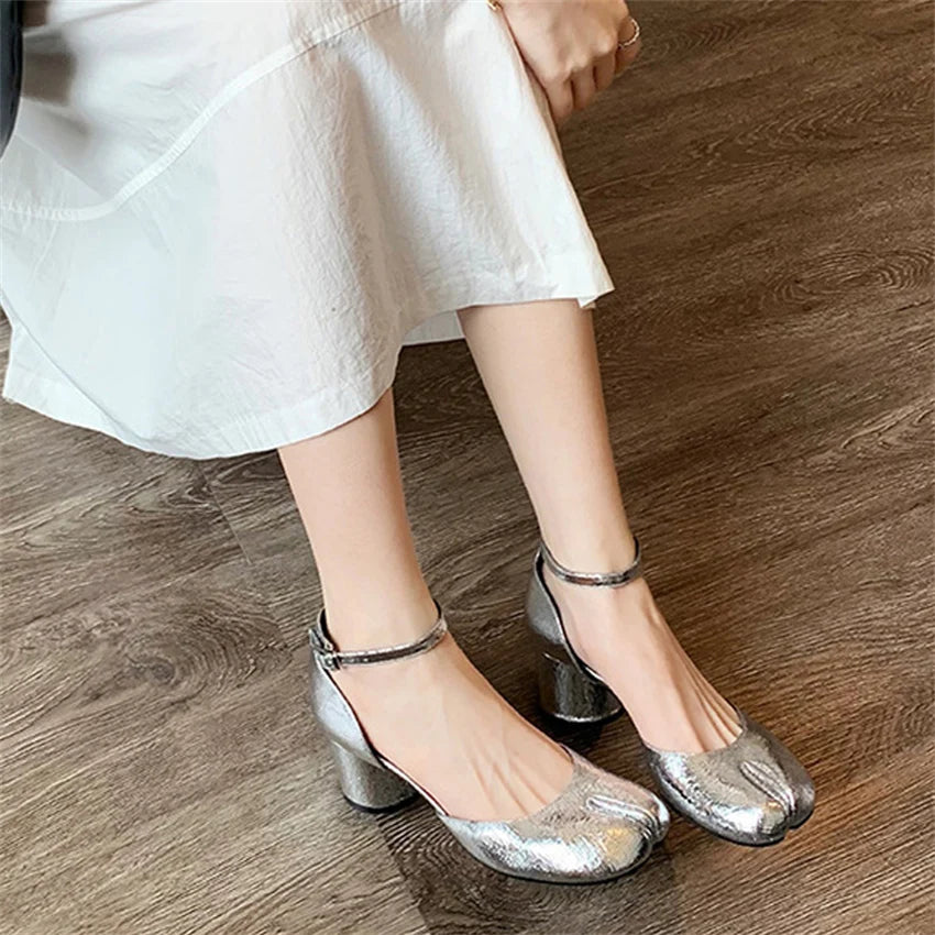Tabi  Sandals Women Brand Designer Cross Ankle Strap Buckle Slingback Chunky High Heels 5CM Elegant Mary Jane Split-toe Shoes
