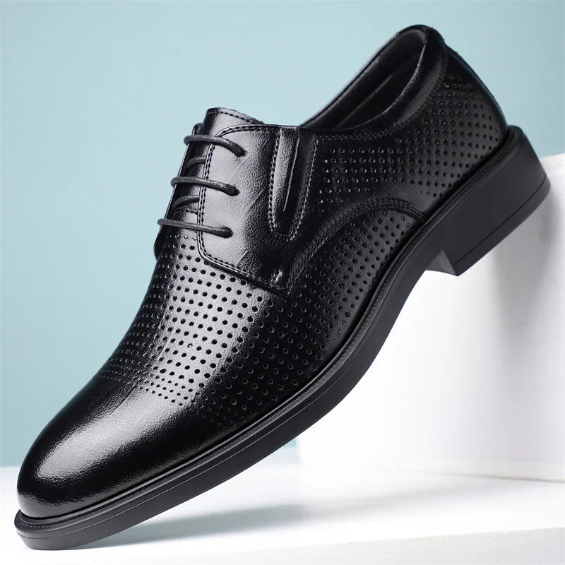 Men's Summer Breathable Leather Shoes British Style Comfortable Soft Business Formal Derby Shoes Hollow out Design-SJ6607-1
