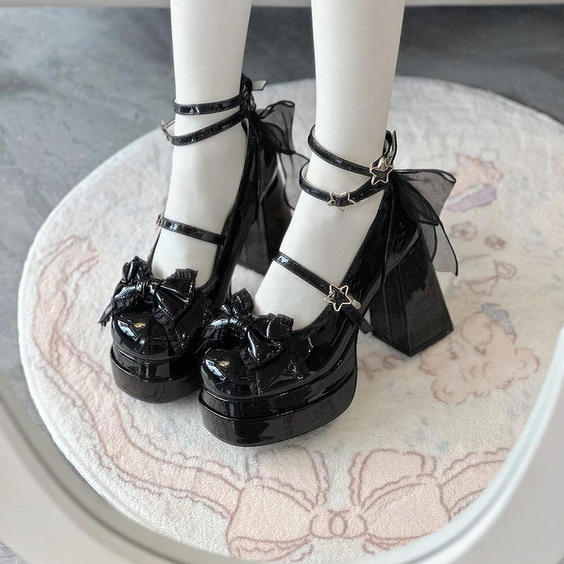 Platform High Heel Women Lolita Shoes Fashion Shallow Butterfly-knot Shoes Ladies Party Dress Cross Strap Pumps Shoes