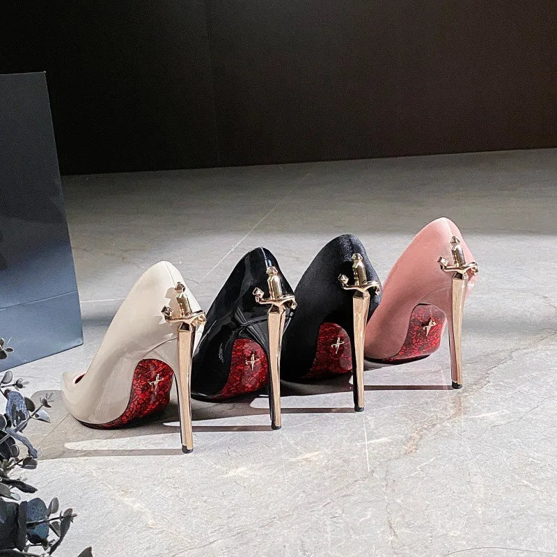 Luxury Designer Women Shoes Exquisite Metal Decoration Pointed Tip High Heels for Woman Elegant French Casual Shoe Zapatos Mujer
