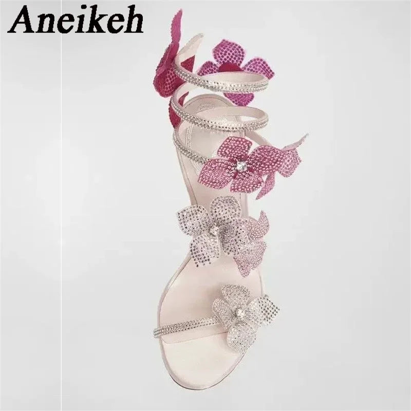 Aneikeh Sexy CRYSTAL Flower Narrow Band Ankle Strap Sandals Woman Thin High Heels Street Style  Pole Dancing Ladies Shoes