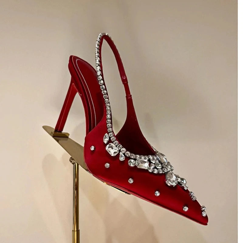 New Summer Fairy-style Rhinestone Sandals, Pointed Toe, Stiletto Heels, Satin High Heels, Exquisite Crystal Wedding Shoes, Open