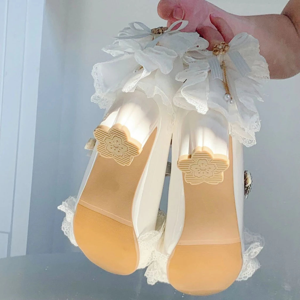 Sweet Girls Lolita Wedding Dress Kitten heels Shoes ,Young Women Students Cute Sakura Lace Bowknots Princess Mary Janes Sandals