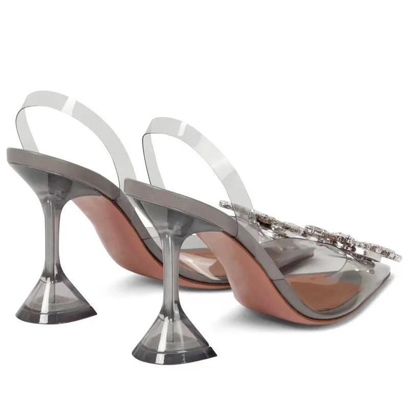 35-45 Fashion Transparent Soft PVC Women Pumps Luxury Rhinestones Bowknot Slingback High heels Spring Summer Wedding Party Shoes