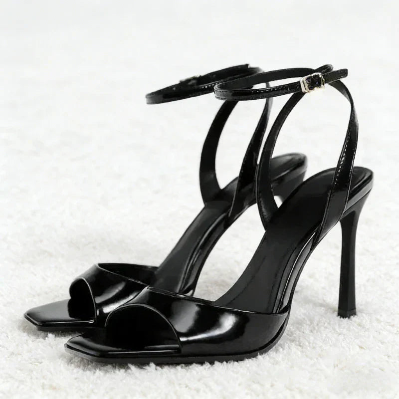Gold Patent Leather Ankle Buckle High Heeled Sandals Women Sexy Square Toe Open Toe High Heels Summer Fashion Party Office Shoes