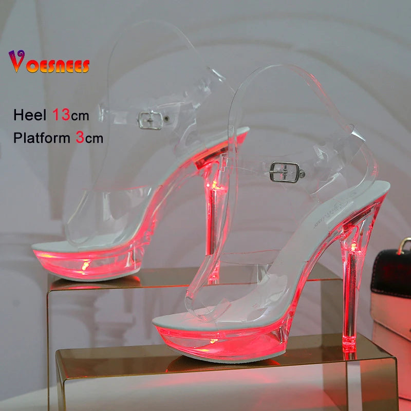 Summer Led Illuminated Women Slippers Super High Heel 13cm Crystal Ankle Buckle Sandals Transparent Platform Female Party Shoes