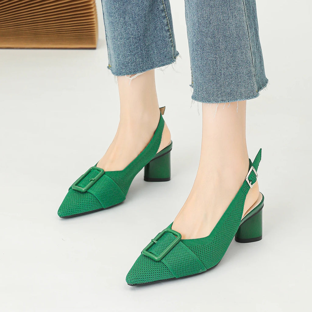 2025 New Women's High Heel Sandals with Pointed Knitted Fashion, Breathable, Non slip, and Colorful Blocks