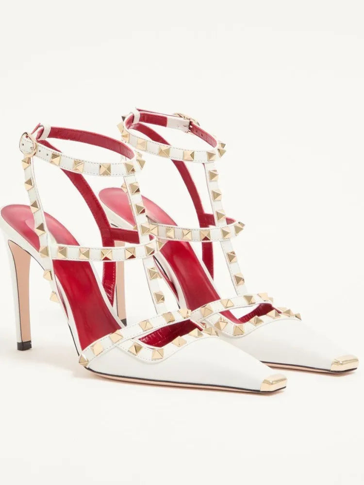 2026 Women's Rivet Low Heel Square Head Stiletto Sandals Fashion Show Party Summer Women's High Heel Sandals