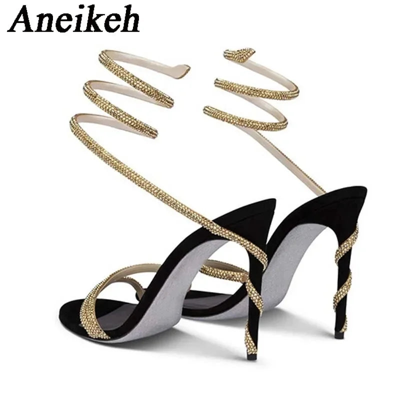 Aneikeh Star Style Luxury Crystal Snake Coiled Ankle Strap Lady Gladiator Sandals Sexy Stiletto High Heel Summer Party Prom Shoe