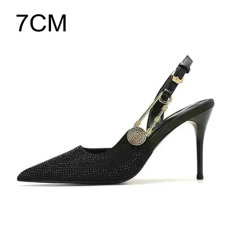 Bling Diamond High Heels Women 2026 Spring Pumps New Pointy Head After Empty Sexy Metal Girl Temperament Baotou French Sandals