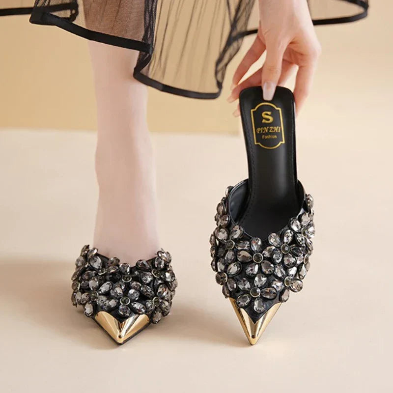 Luxury Rhinestones Pointed Toe Mules Pumps Women Slippers Summer New Fashion Slides Designer High Heeled Sandals Female Tacones