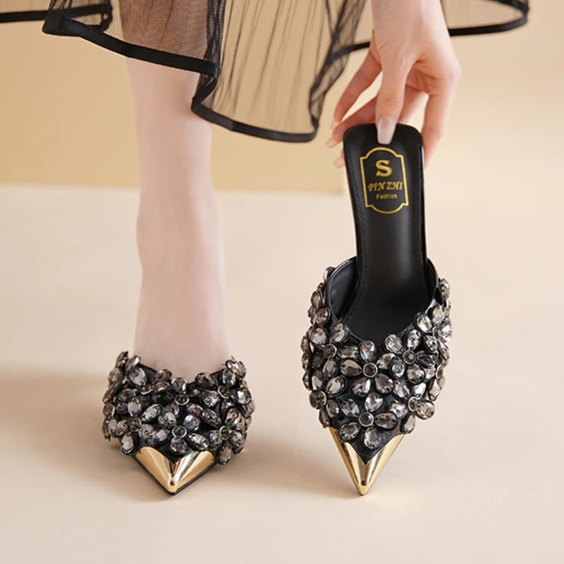 Luxury Rhinestones Pointed Toe Mules Pumps Women Slippers Summer New Fashion Slides Designer High Heeled Sandals Female Tacones