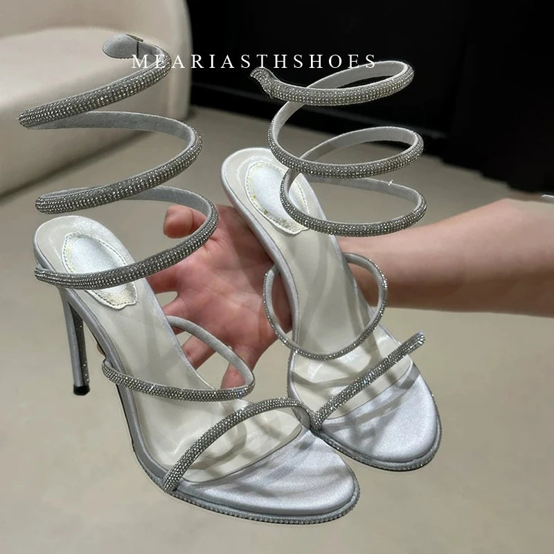 black Women's High Heels Gladiator Sandals Woman Fashion Tassel Crystal Shoes Women Sexy Banquet Party Stiletto Shoes for Women