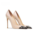 New Splicing Rivet Blackhead Naked High Heels Thin Heels Pointed Shallow Mouth Sexy Single Shoes