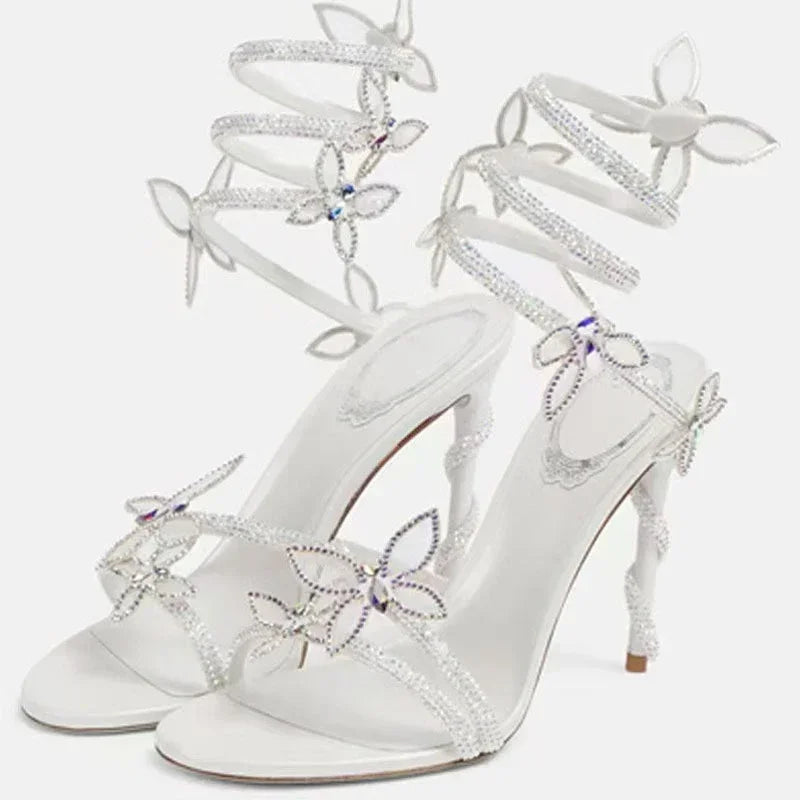 Eilyken Sexy Crystal Butterfly-knot Ankle Strap Sandals Woman Fashion Open Toe Stiletto High Heels Banquet Party Pumps Shoes