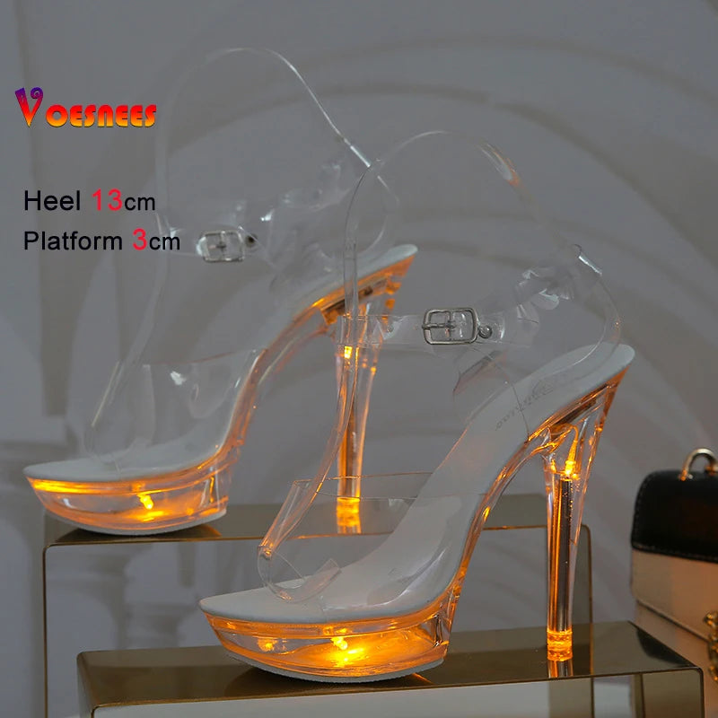 Summer Led Illuminated Women Slippers Super High Heel 13cm Crystal Ankle Buckle Sandals Transparent Platform Female Party Shoes
