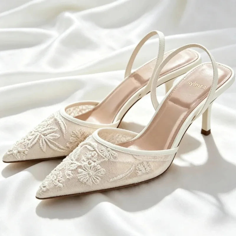 Mesh Embroider String Bead Detail High Heels Women Sexy Brown Pointed Toe Back Strap Heeled Sandals Summer Elegant Women Shoes