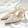 Mesh Embroider String Bead Detail High Heels Women Sexy Brown Pointed Toe Back Strap Heeled Sandals Summer Elegant Women Shoes