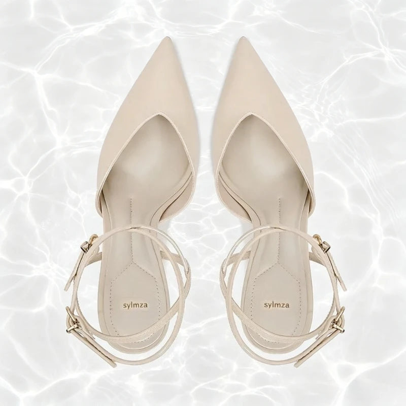 Elegant Pointed Toe Ankle Strap Brand Pumps Women High Quality Patent Leather Buckle Thin Heel Slide Sandals Banquet Dress Shoes