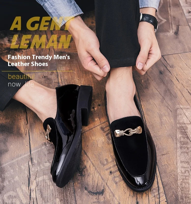 Lightweight Metal Trim Retro British Style Small Leather Shoes Pointed Leather Matching Color Slip-On Loafers for Men