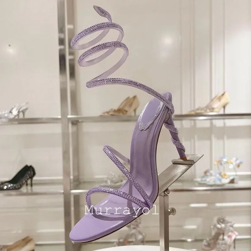 Glitter Crystal Decor High Thin Heels Sandals Women Shiny Snake Shaped Elastic Strap Design Sandalias Summer Party Dress Shoes