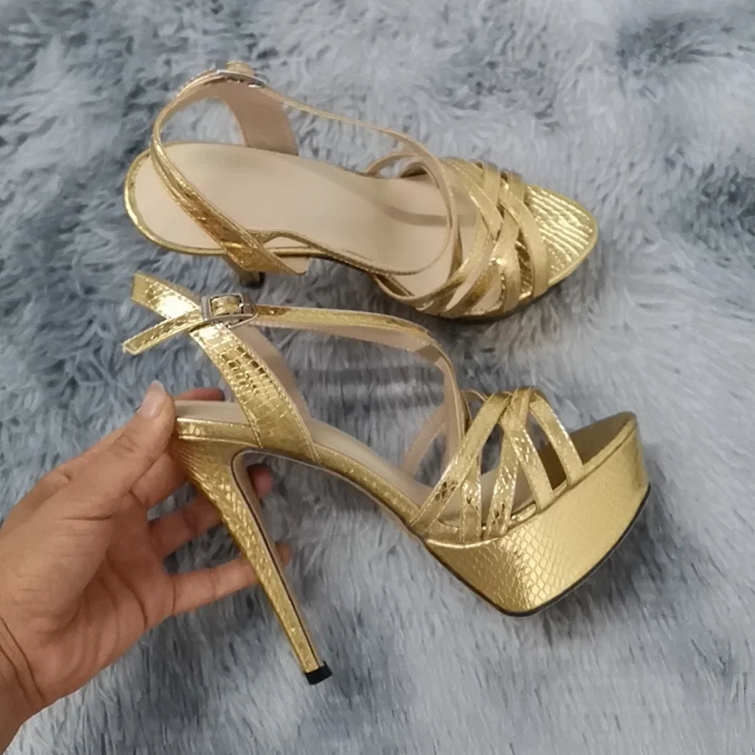 Women Sandals 14CM Super Sexy Platform High Heels Ankle Strap Sandals Open Toe Sanke Gladiator Party Dress Red Wedding Shoes