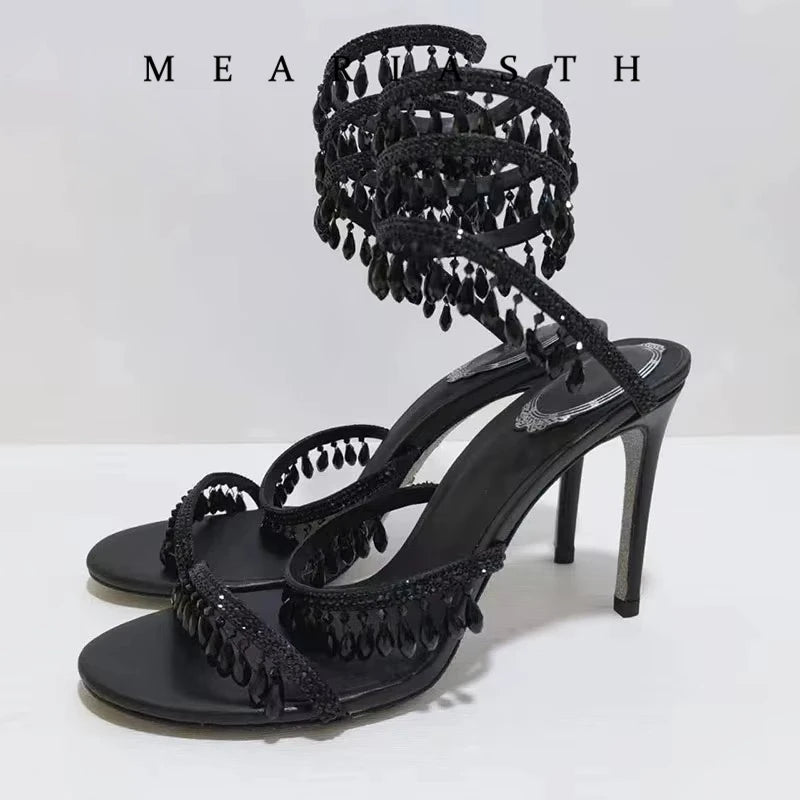 black Women's High Heels Gladiator Sandals Woman Fashion Tassel Crystal Shoes Women Sexy Banquet Party Stiletto Shoes for Women