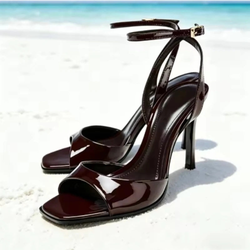 Gold Patent Leather Ankle Buckle High Heeled Sandals Women Sexy Square Toe Open Toe High Heels Summer Fashion Party Office Shoes