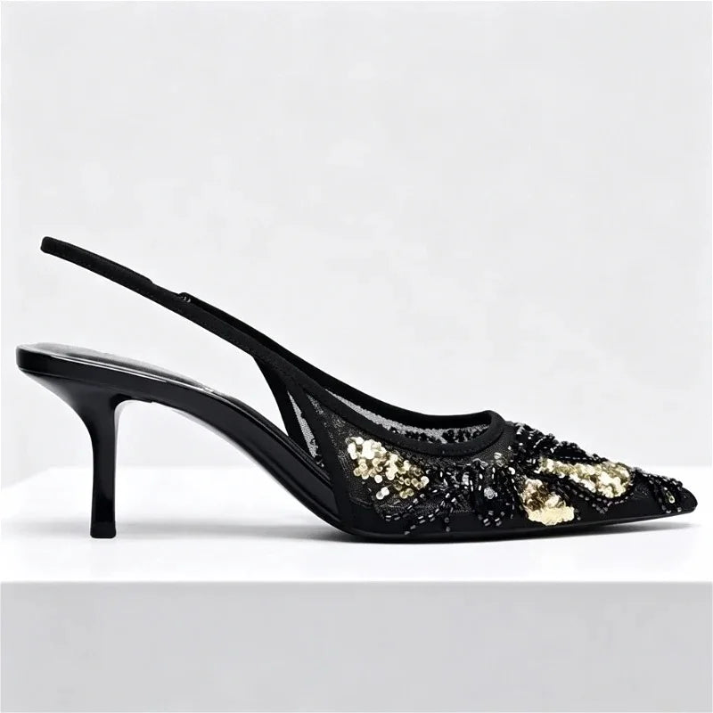 Fashion Mesh String Bead Embellished Design Heels Women Elegant Pointed Toe Back Strap Slide Sandals Black Party Dress Shoes