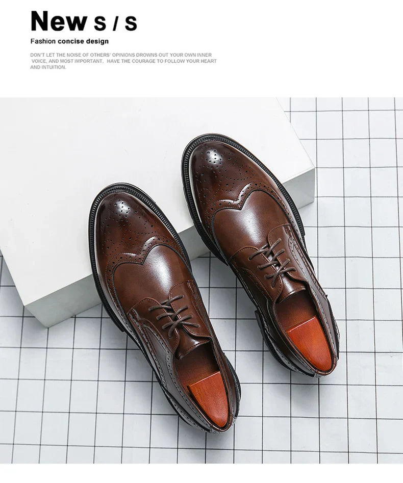 Men's Leather Brogue Oxford Dress Shoes Formal Business Handmade Classic 2026 Brown Black Chaussure Homme