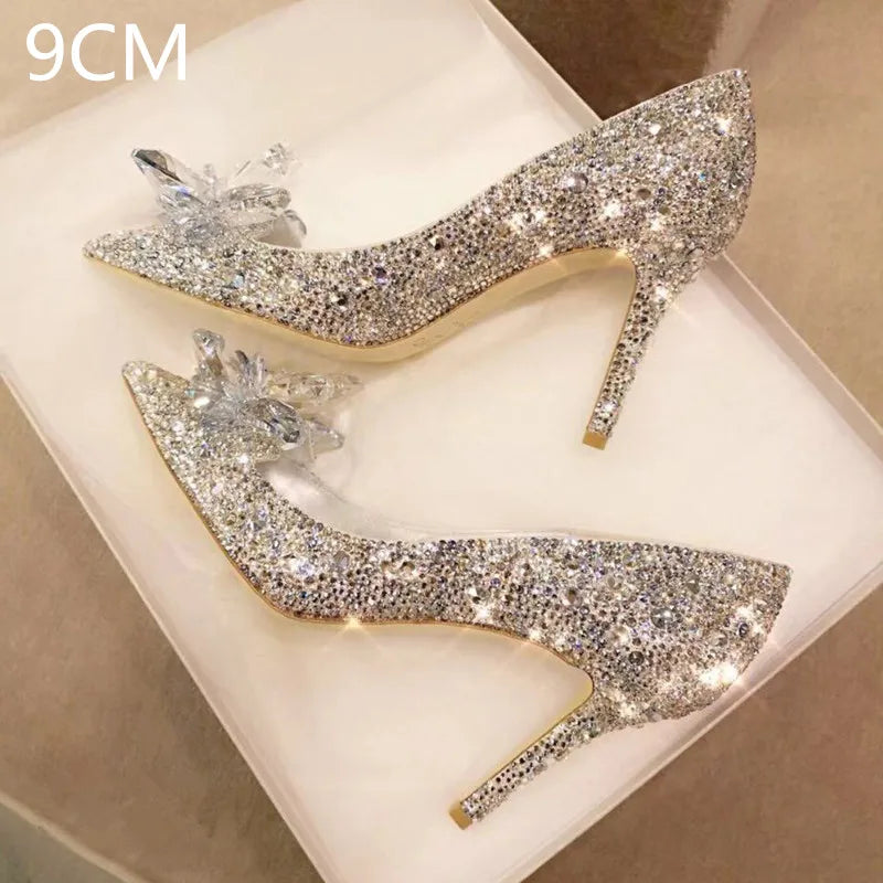 2026 Cinderella Crystal Wedding Shoes High Heels Autumn New Silver Full Diamond Bridal Shoes Rhinestone French Single Shoes