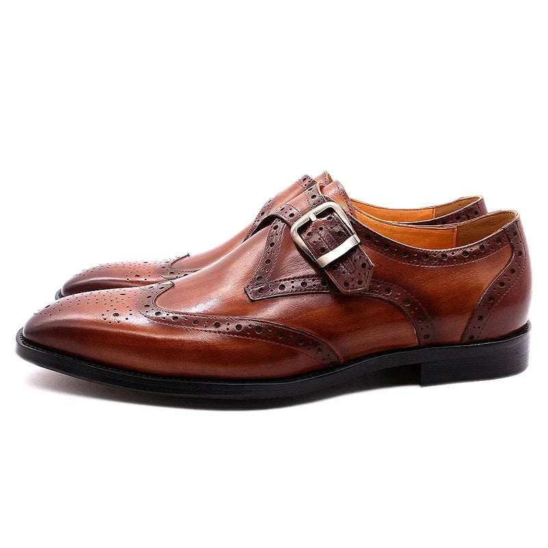 Men's Luxury Genuine Leather Wingtip Oxfords Italian Monk Strap Buckle Brogue Dress Shoes for Business Wedding Formal Wear