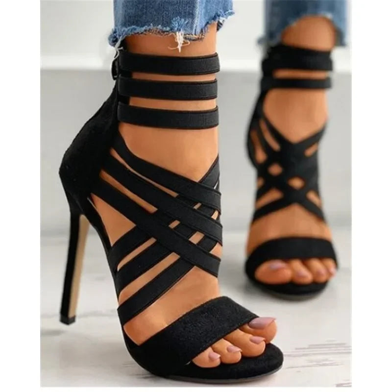 Summer women's fashion bandage back zipper sandals 2025 sexy pointed toe versatile solid color banquet party stilettos large 43