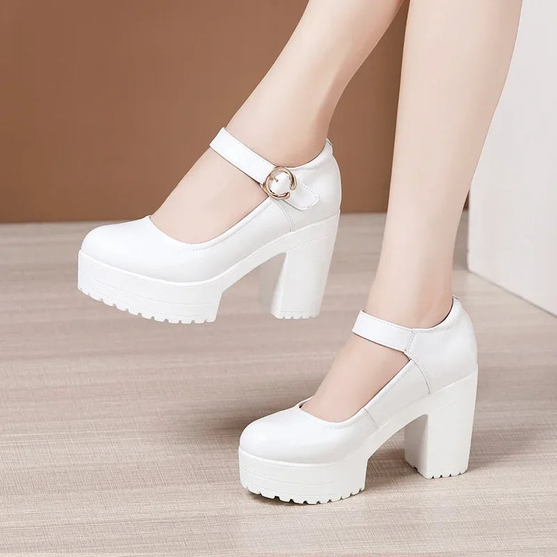 6 8 10cm Small Size 32-43 Shallow Thick Bottom Genuine Leather Shoes Platform Pumps 2026 Block High Heels Shoes Office Model