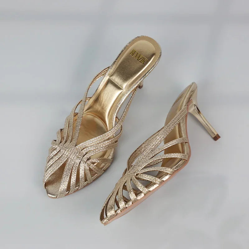 Women Shoes 2025 New Gold Hollow High Heels Luxury Pointed Toe Heeled Pumps for Women Office Mules Summer Stiletto Shoes Sandals