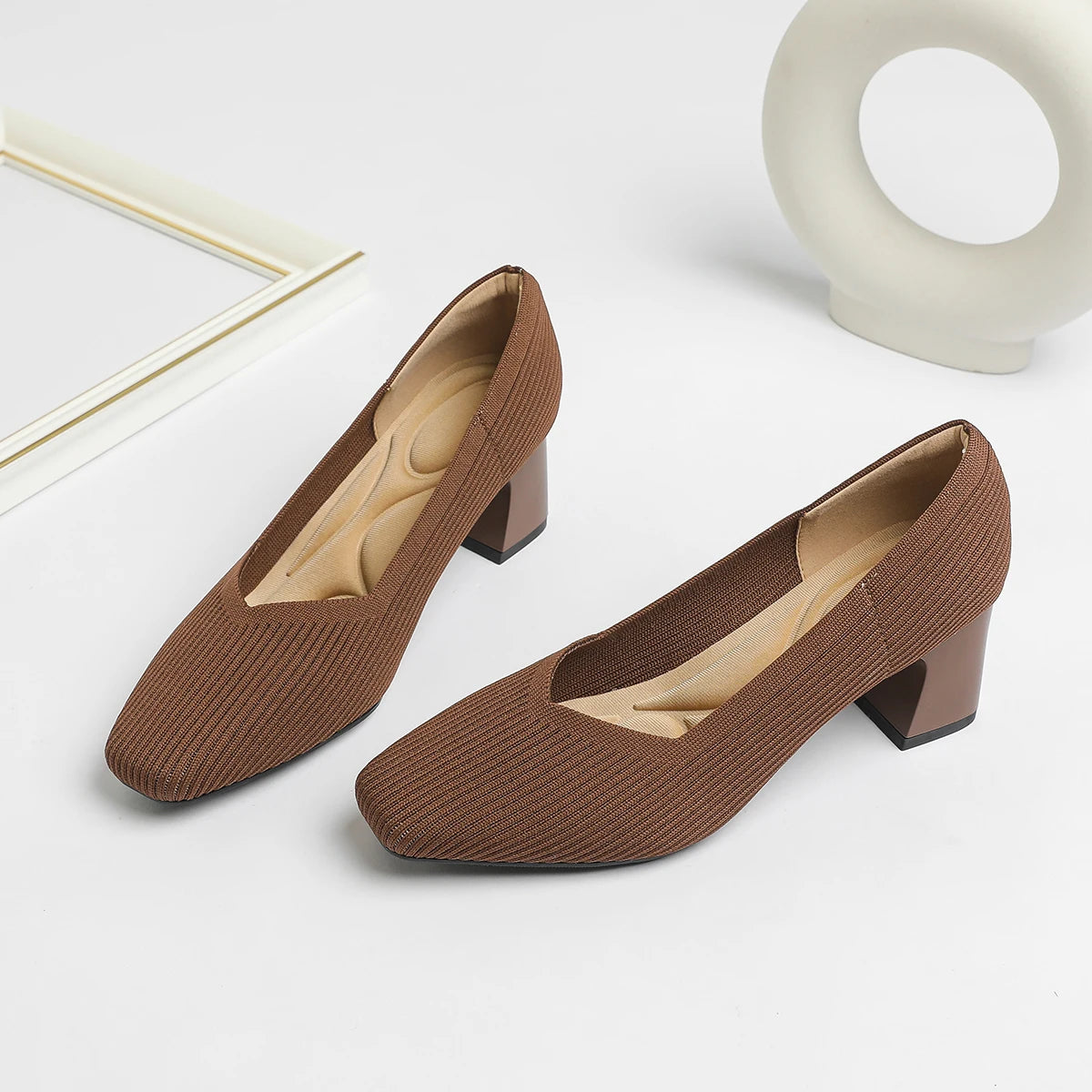 Women's High Heels Comfortable Square Knitted Breathable Comfortable Shoes (5cm High) Autumn 2025 New Collection