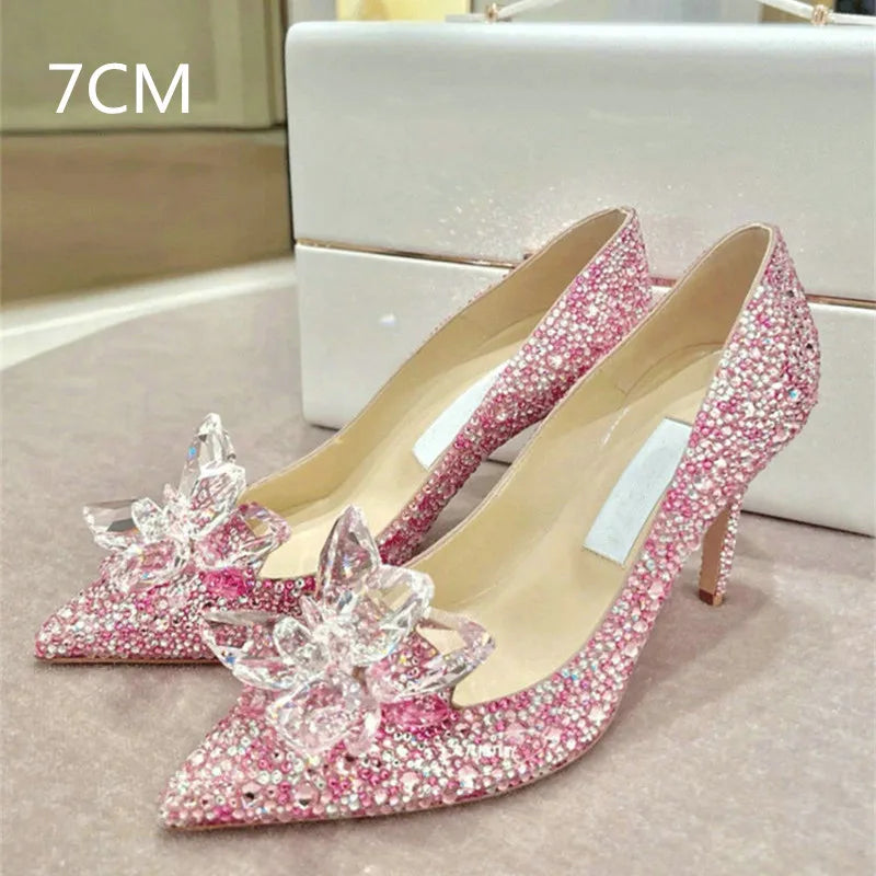 2026 Cinderella Crystal Wedding Shoes High Heels Autumn New Silver Full Diamond Bridal Shoes Rhinestone French Single Shoes