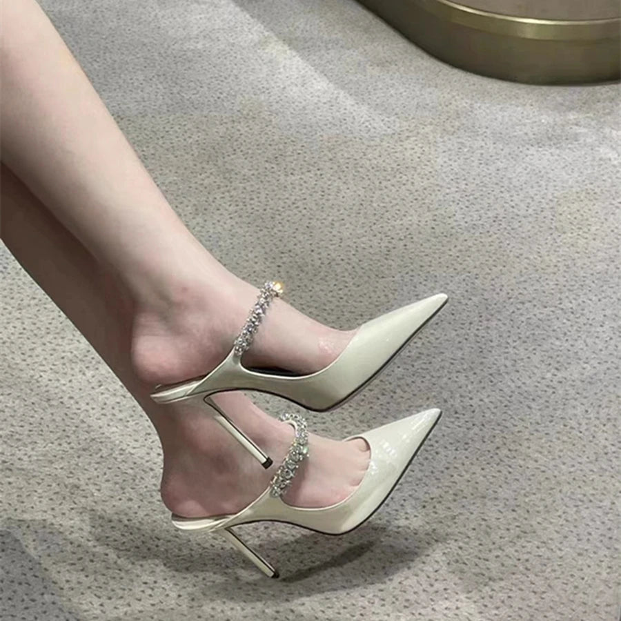Elegant Leather Mules Pointed Toe Stylish Rhinestone Embellished High Heel Sandals Sophisticated Party Evening Shoes Footwear