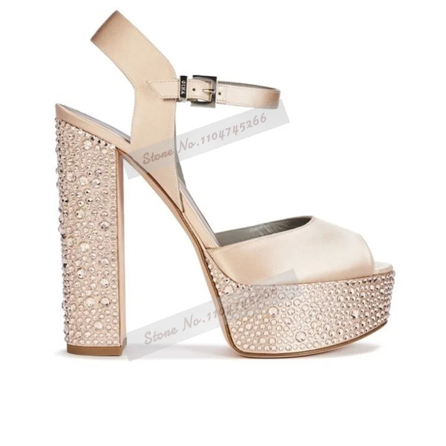 Champagne Crystal Chunky Heel Sandals Bling Rhinestone Platform Wedding Shoes Velvet Open Toe Buckle Strap Block Heels