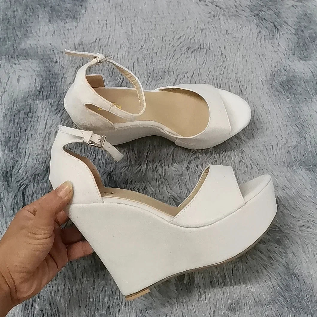 Women Sandals 14cm Sexy Peep Toe Ankle Strap Platform Wedge High Heels Sandal Party Red Wedding Dress Ladies Shoes Large Size