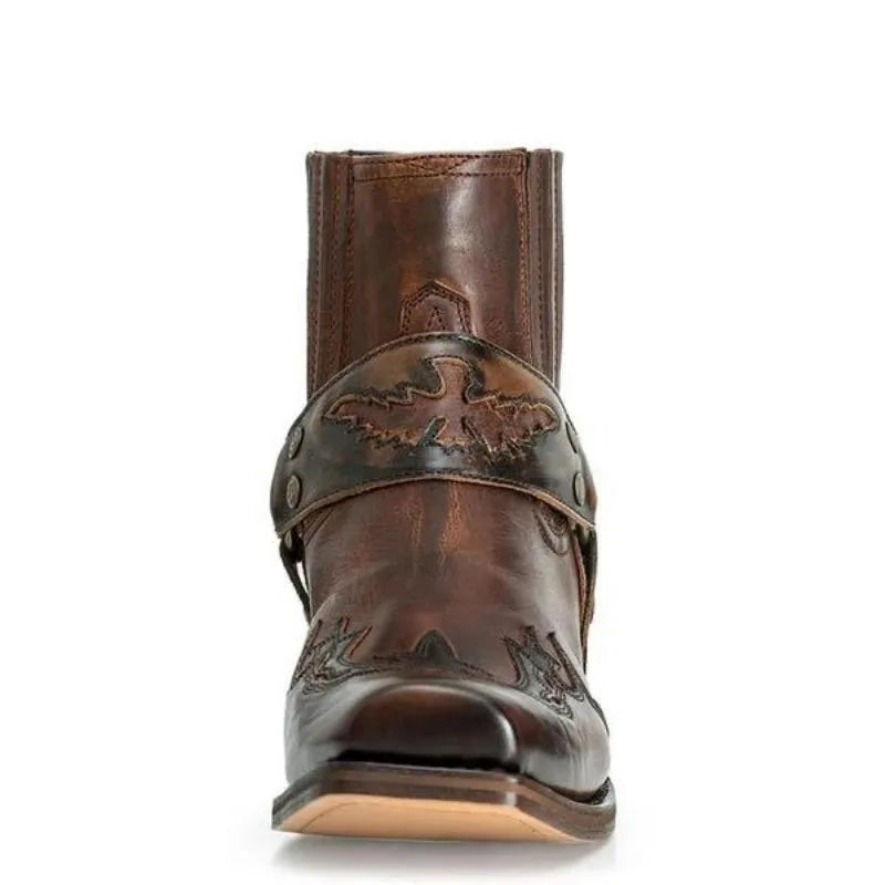 Men Western Cowboy Boots Square Toe Ankle Boots Retro Embroidery Men's Boots Outdoor Leather Boot Plus Size Buckle Casual Shoes