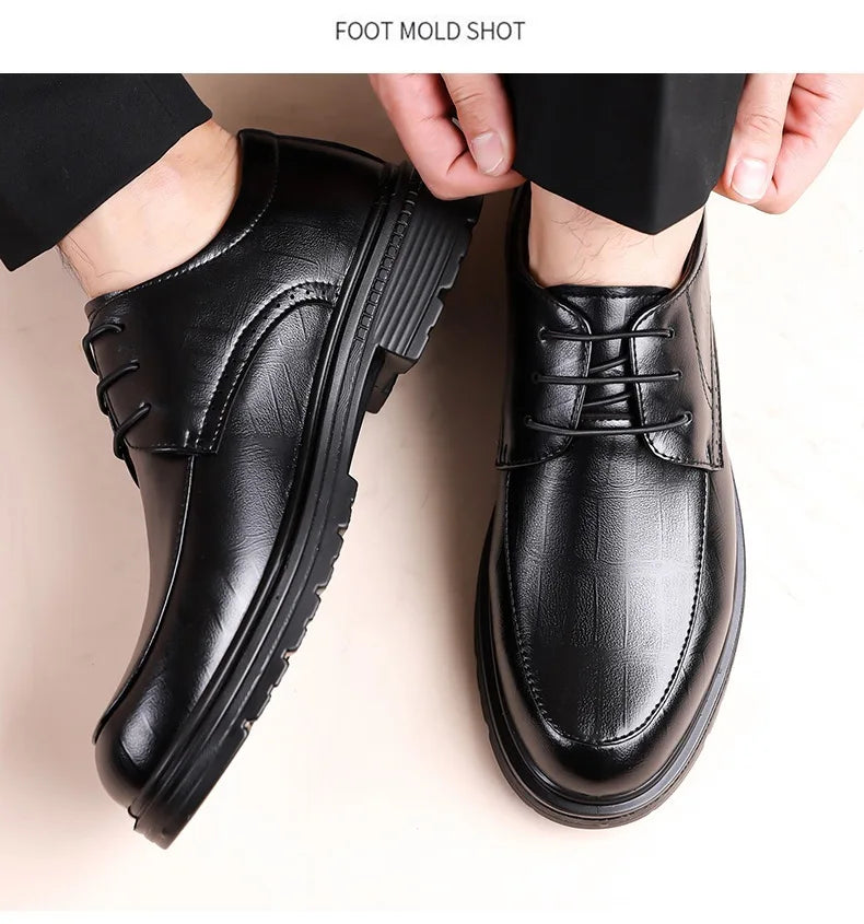 Men's Lace-up Business Casual Leather Shoes Spring Autumn New Platform Work Shoes Male Fashion Solid Color Dress Shoe Man