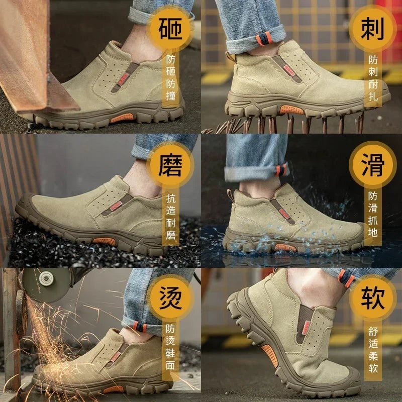 Genuine Leather Cow Suede Safety Work Shoes For Men Composite Head Anti Nail Anti Static Welding Shoes Indestructible Boots