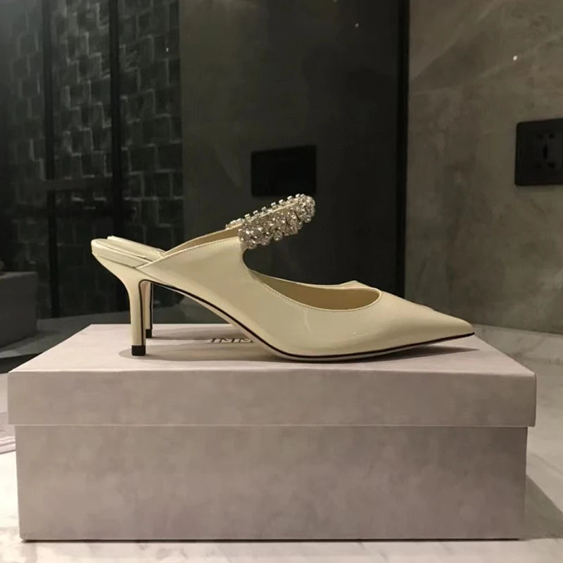 Elegant Leather Mules Pointed Toe Stylish Rhinestone Embellished High Heel Sandals Sophisticated Party Evening Shoes Footwear