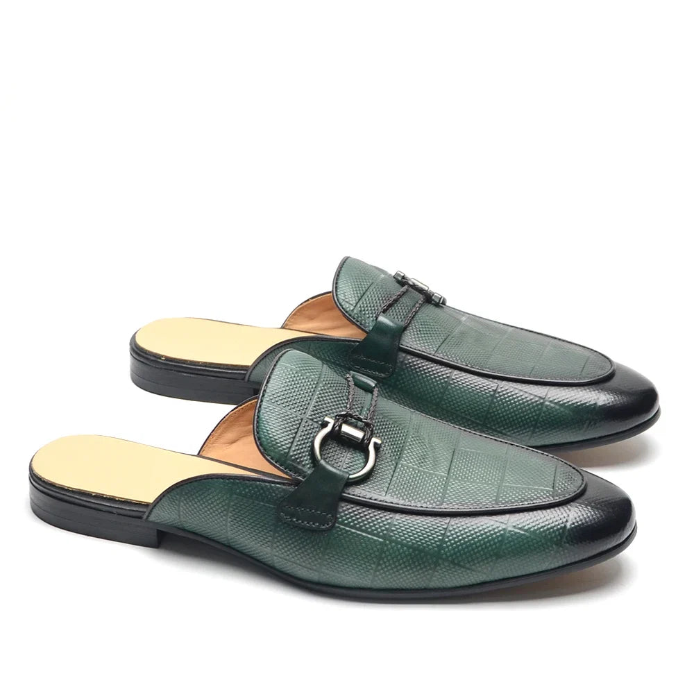 Men's Buckle Mule Slip on Backless Loafer Slides Classic Dressy Flat Sandals Checkerboard Genuine Leather Closed Toe Half Shoes