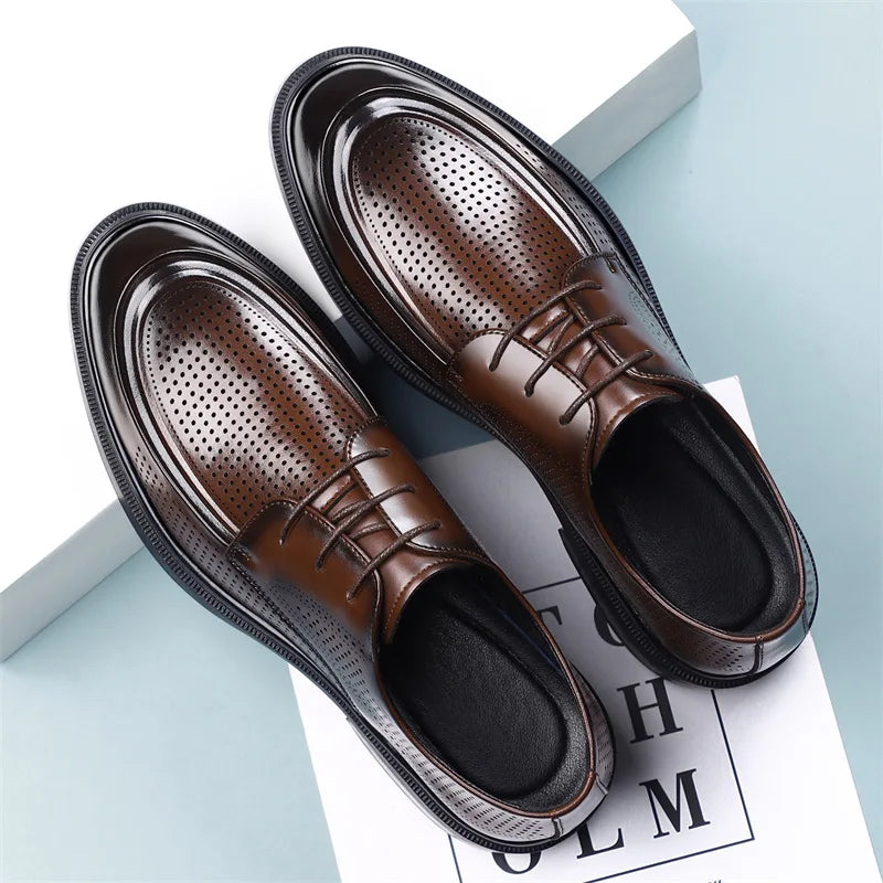 New Lace Designer Derby Shoes for Man Hallow Breathable Business Casual Leather Shoes Male Summer Autumn Fashion Dress Shoe Man